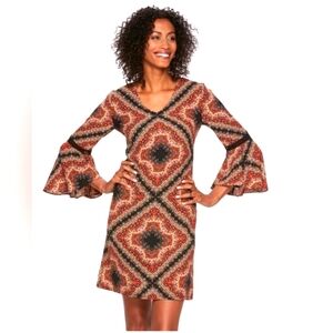 MSK Bohemian Patterned Dress Size S Boho Bell Sleeve Black Orange Green Blue